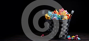 Black basket full of crumpled paper, on black background with copy space