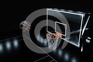 Black basketball against a basketball backdrop and ring on a dark background. Basketball concept, sports betting. Copy space, 3D