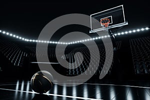 Black basketball against a basketball backdrop and ring on a dark background. Basketball concept, sports betting. Copy space, 3D