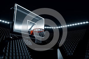 Black basketball hall with empty stands, dark basketball court, basketball stadium. Basketball concept, sports betting. Copy space