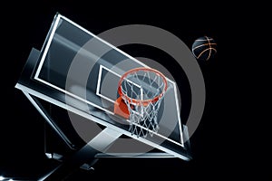 Black basketball hall with empty stands, dark basketball court, basketball stadium. Basketball concept, sports betting. Copy space