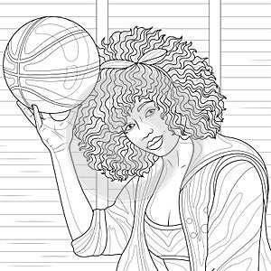 Black basketball player with the ball in her hand.Coloring book antistress for children and adults.