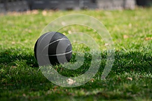 Black basketball rests in green grass