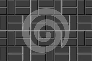 Black basketweave tile layout. Stone or ceramic brick wall mosaic background. Kitchen backsplash texture. Bathroom