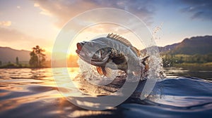 black bass (Micropterus salmoides) jumping from the water in a high mountain lake