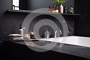 Black bathroom interior design, bathtub with black marble tiles, modern luxury minimalist masculine bathroom. Generative AI