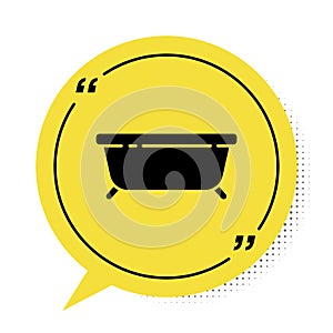 Black Bathtub icon isolated on white background. Yellow speech bubble symbol. Vector Illustration