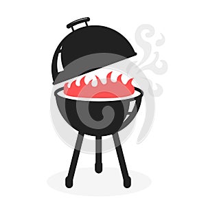 Black BBQ Grill Cooking with Smoke and Flame vector icon