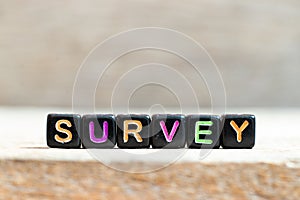 Black bead with letter in word survey on wood background