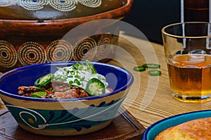 Black Bean Chili Con Carne in Bowl with Corn Bread