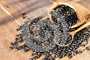 Black bean in small brown sack on wooden table background