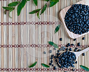 Black beans in a wooden spoon on a wooden mat,properties help to detoxify and nourish the kidneys well. Due to the presence of