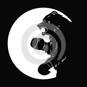 Black bear in Boxing gloves. Silhouette of a wild animal. Emblem of snarling beast. Art design for sport event. Vector illustratio