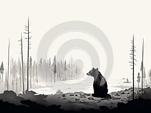 Black bear in charred landscape