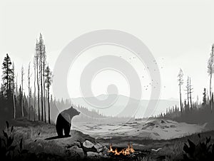 Black bear in charred landscape