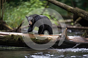 Black Bear Crossing A River On A Fallen Tree. Generative AI