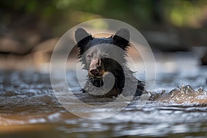 Black Bear Cub Playing In A River. Generative AI