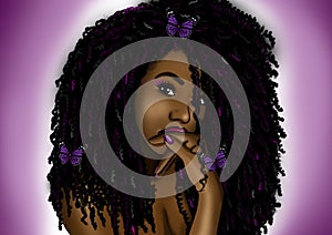 Black beautiful woman with big curls and purple butterflies