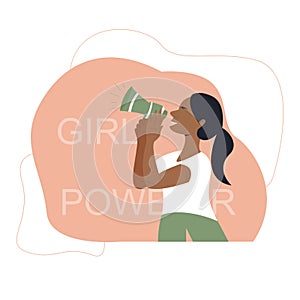 Black beautiful woman holding a megaphone loud speaker illustration. Feminist girl concept. Girl power poster