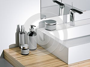 Black beauty cosmetic plastic containers in bathroom. 3d rendering