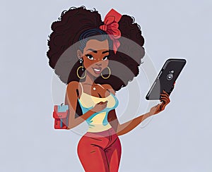 Black beauty woman with smartphone, generative Ai