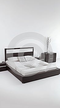 A black bed with a white comforter and pillows
