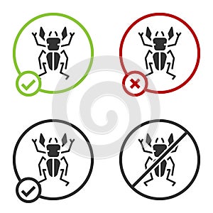 Black Beetle deer icon isolated on white background. Horned beetle. Big insect. Circle button. Vector