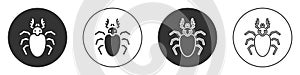 Black Beetle deer icon isolated on white background. Horned beetle. Big insect. Circle button. Vector