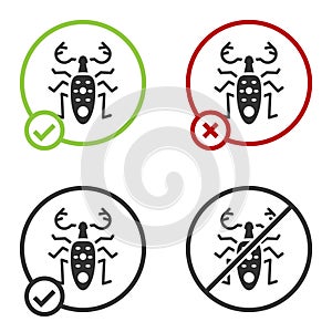 Black Beetle deer icon isolated on white background. Horned beetle. Big insect. Circle button. Vector