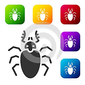 Black Beetle deer icon isolated on white background. Horned beetle. Big insect. Set icons in color square buttons