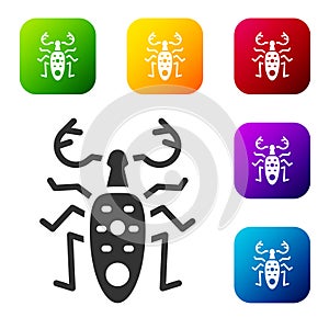 Black Beetle deer icon isolated on white background. Horned beetle. Big insect. Set icons in color square buttons