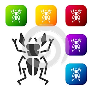 Black Beetle deer icon isolated on white background. Horned beetle. Big insect. Set icons in color square buttons