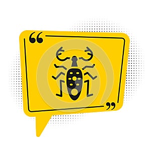 Black Beetle deer icon isolated on white background. Horned beetle. Big insect. Yellow speech bubble symbol. Vector