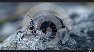 Black beetle leisurely crawling on the rugged stone surface in detailed close up view photo