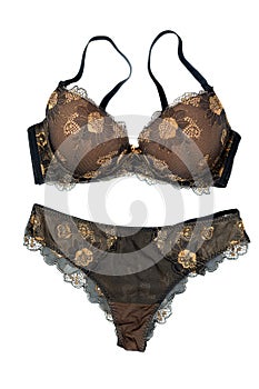Black with beige lace set of female underwear. Isolate