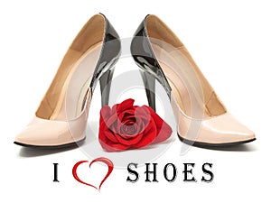 A black and beige pair of women`s heel shoes with red rose isolated on white background and Text I love shoes