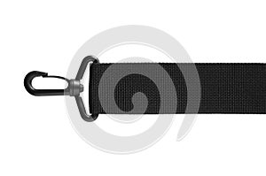 Black belt rope strap lanyard, hanging plastic clasp snap latch hook carabiner, isolated macro closeup, horizontal