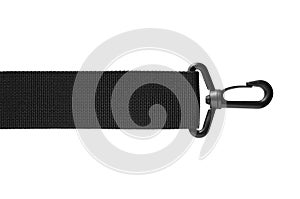 Black belt rope strap lanyard, hanging plastic clasp snap latch hook carabiner, isolated macro closeup horizontal detail, large