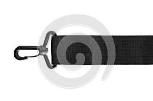 Black belt rope strap lanyard, hanging plastic clasp snap latch hook carabiner, isolated macro closeup, horizontal large detailed