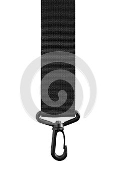Black belt rope strap lanyard, hanging plastic clasp snap latch hook carabiner, isolated macro closeup, large detailed studio shot