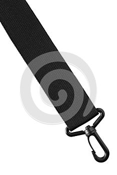 Black belt rope strap lanyard, hanging plastic clasp snap latch hook carabiner, isolated macro closeup, large detailed vertical