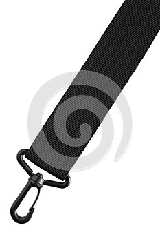 Black belt rope strap lanyard, hanging plastic clasp snap latch hook carabiner, isolated macro closeup, large detailed vertical