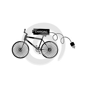 Black bicycle with battery and electrical plug two phase - vector illustration