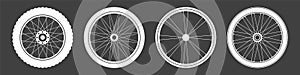 Black bicycle wheel symbols collection. Bike rubber tyre silhouettes. Fitness cycle, road and mountain bike. Vector