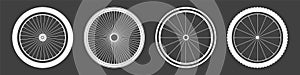Black bicycle wheel symbols collection. Bike rubber tyre silhouettes. Fitness cycle, road and mountain bike. Vector