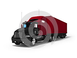 Black big truck with red trailer 3d render on white background with shadow