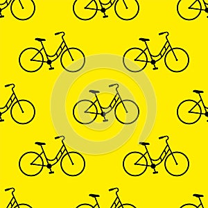 Black bike on yellow background.  Seamless pattern. Vector illustration.