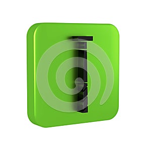 Black Billiard cue icon isolated on transparent background. Green square button.
