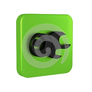 Black Billiard pool snooker ball with number 8 icon isolated on transparent background. Green square button.