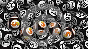 black bingo balls fly to the camera and five balls with the dollar symbol enter the center